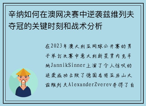 辛纳如何在澳网决赛中逆袭兹维列夫夺冠的关键时刻和战术分析