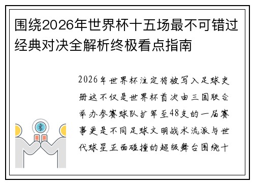 围绕2026年世界杯十五场最不可错过经典对决全解析终极看点指南